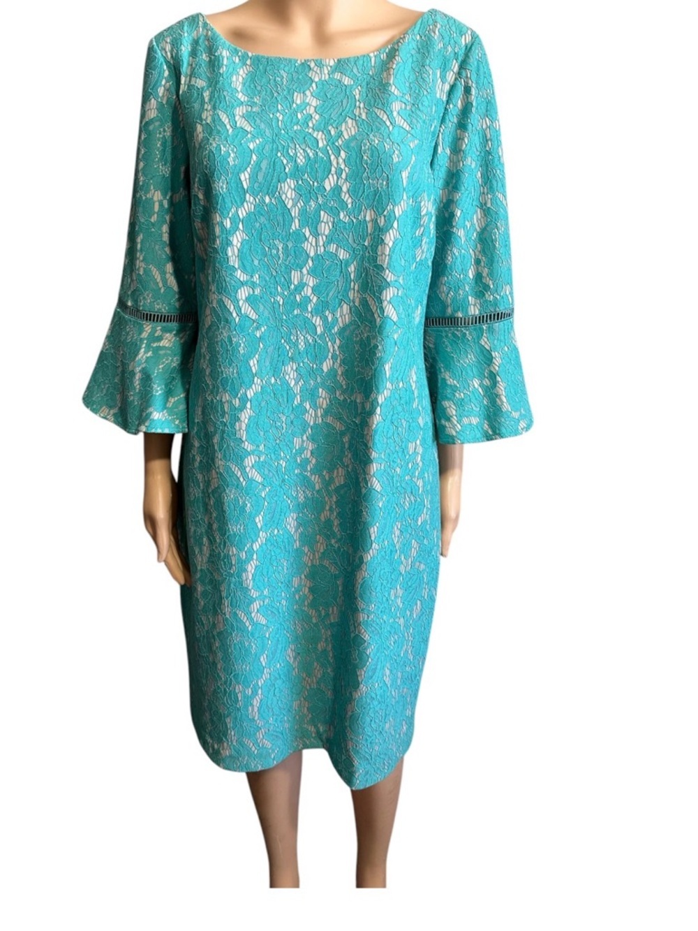 Jessica Howard Teal Lace Shift Dress with Bell Sleeves size 14